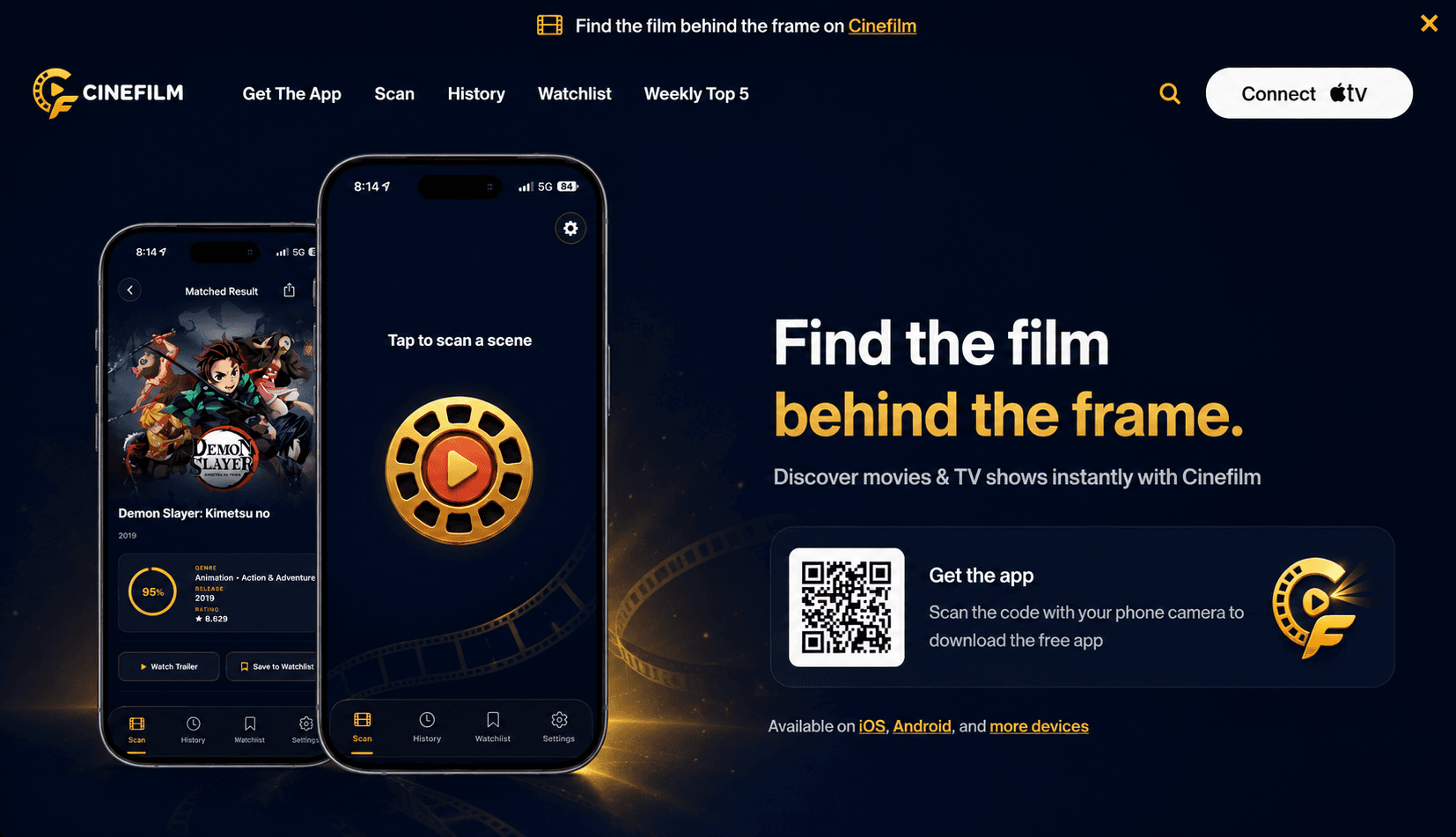 CineFilm landing hero with app previews, download QR code, and the Find the film behind the frame headline
